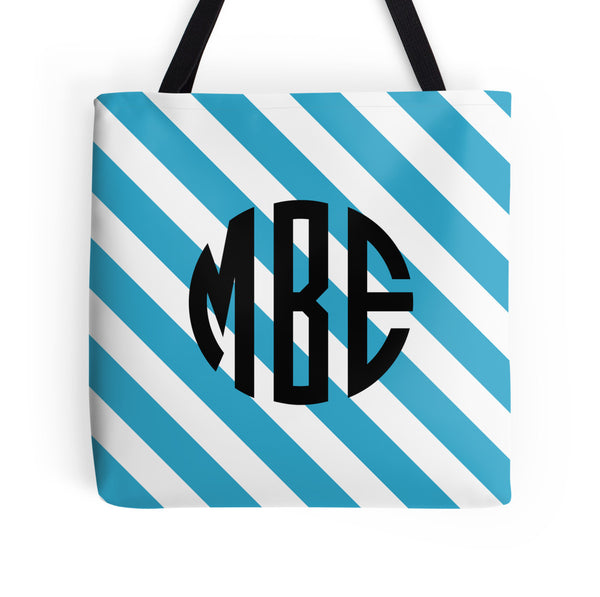 Blue White Stripe Monogram Tote Bag